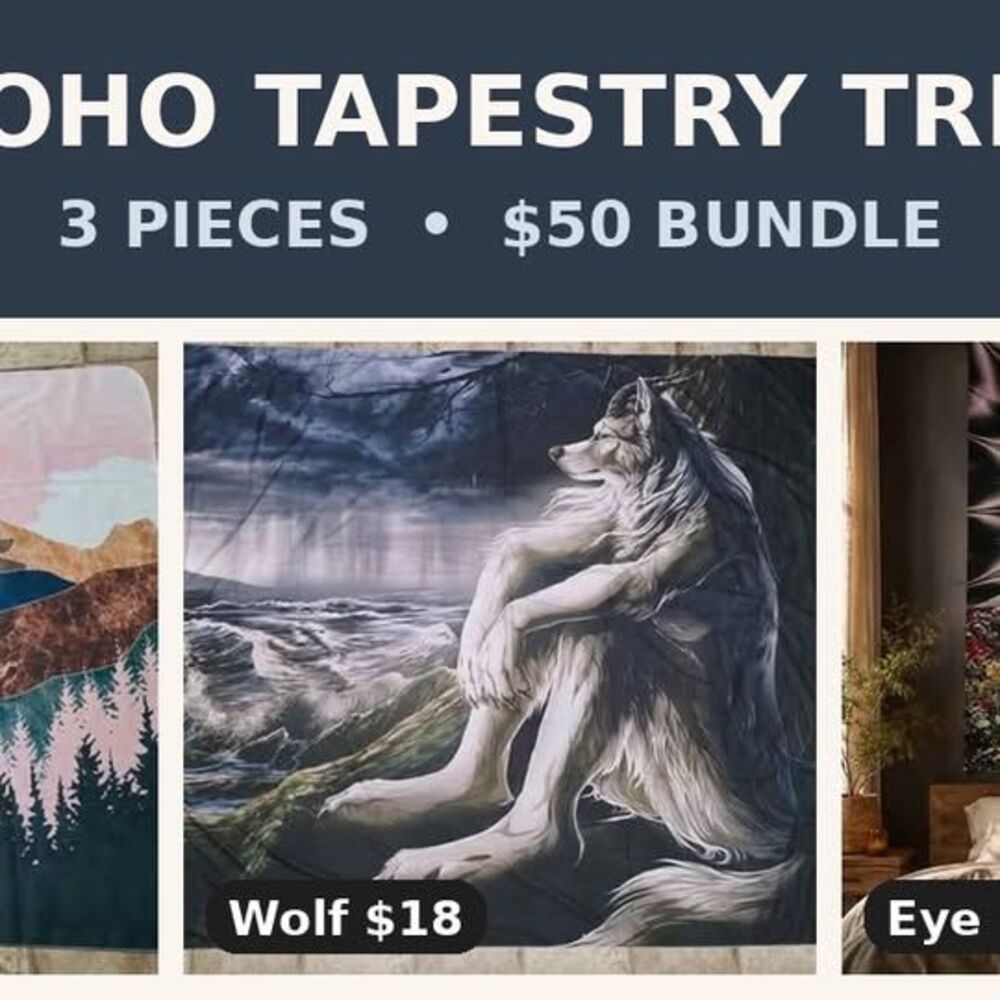 Boho Wall Tapestry Trio Bundle | Mountain Sunset + Wolf Art + Psychedelic Eye St